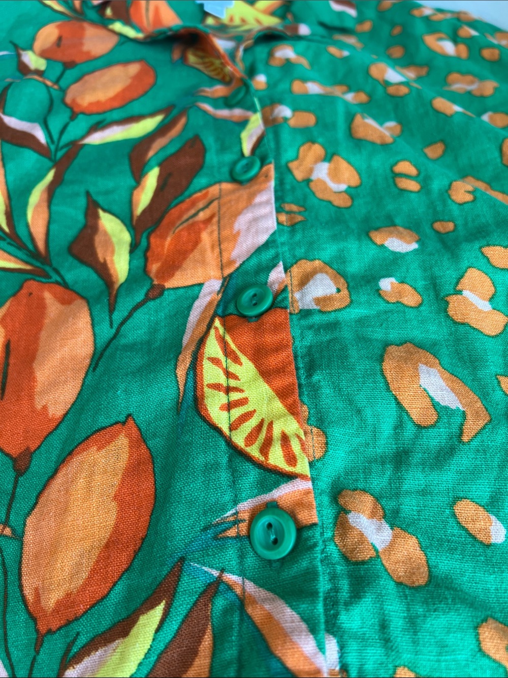 Woman’s Green and Orange Patchwork Floral Button-Down Linen Shirt - Picture 5 of 10